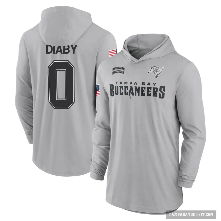 Men's ＃0 Yaya Diaby Tampa Bay Buccaneers Gray 2024 Salute to Service Lightweight Performance Long Sleeve Hooded T-Shirt