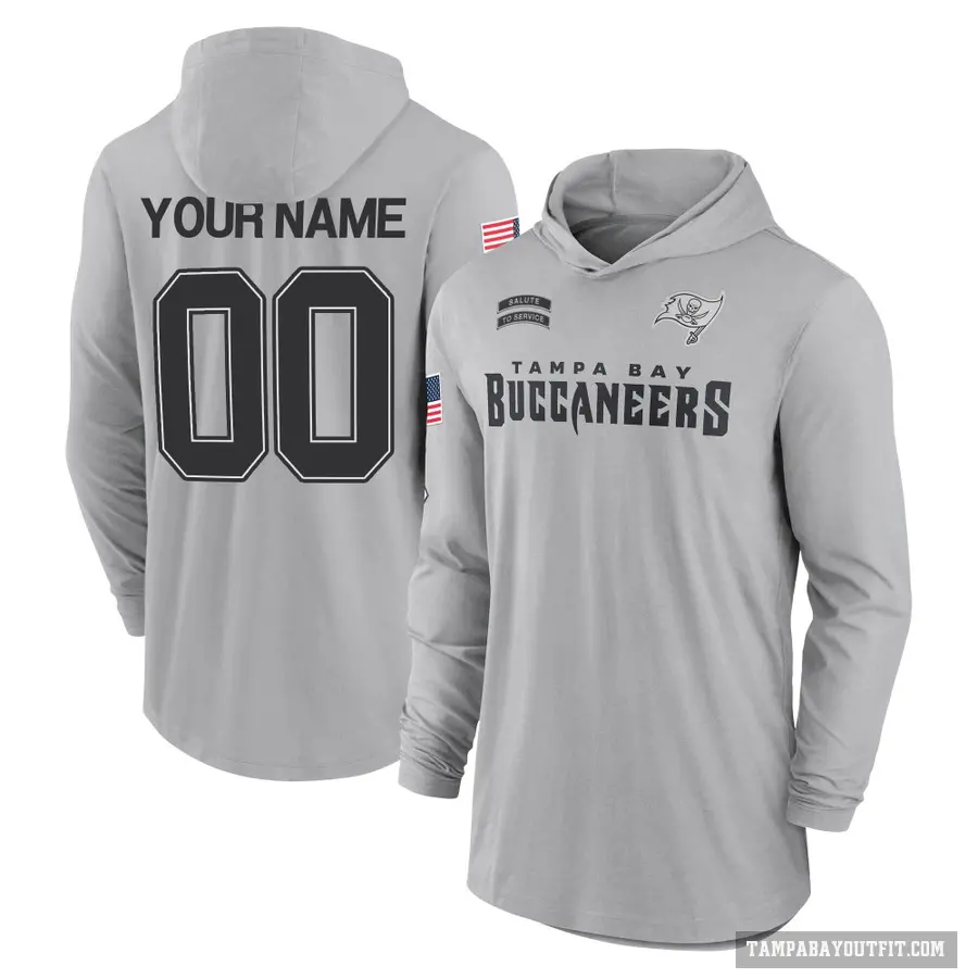 Men's ＃00 Custom Tampa Bay Buccaneers Gray 2024 Salute to Service Lightweight Performance Long Sleeve Hooded T-Shirt