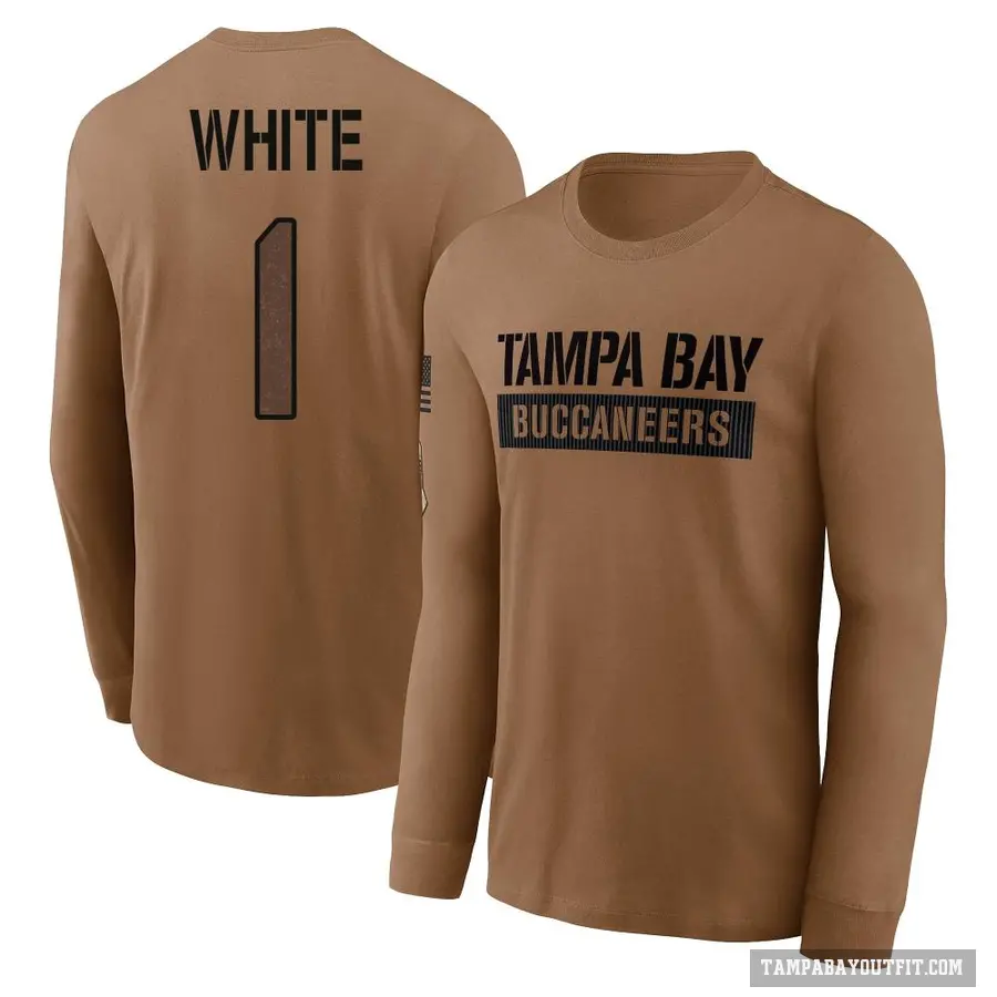 Men's ＃1 Rachaad White Tampa Bay Buccaneers White Brown 2023 Salute To Service Long Sleeve T-Shirt