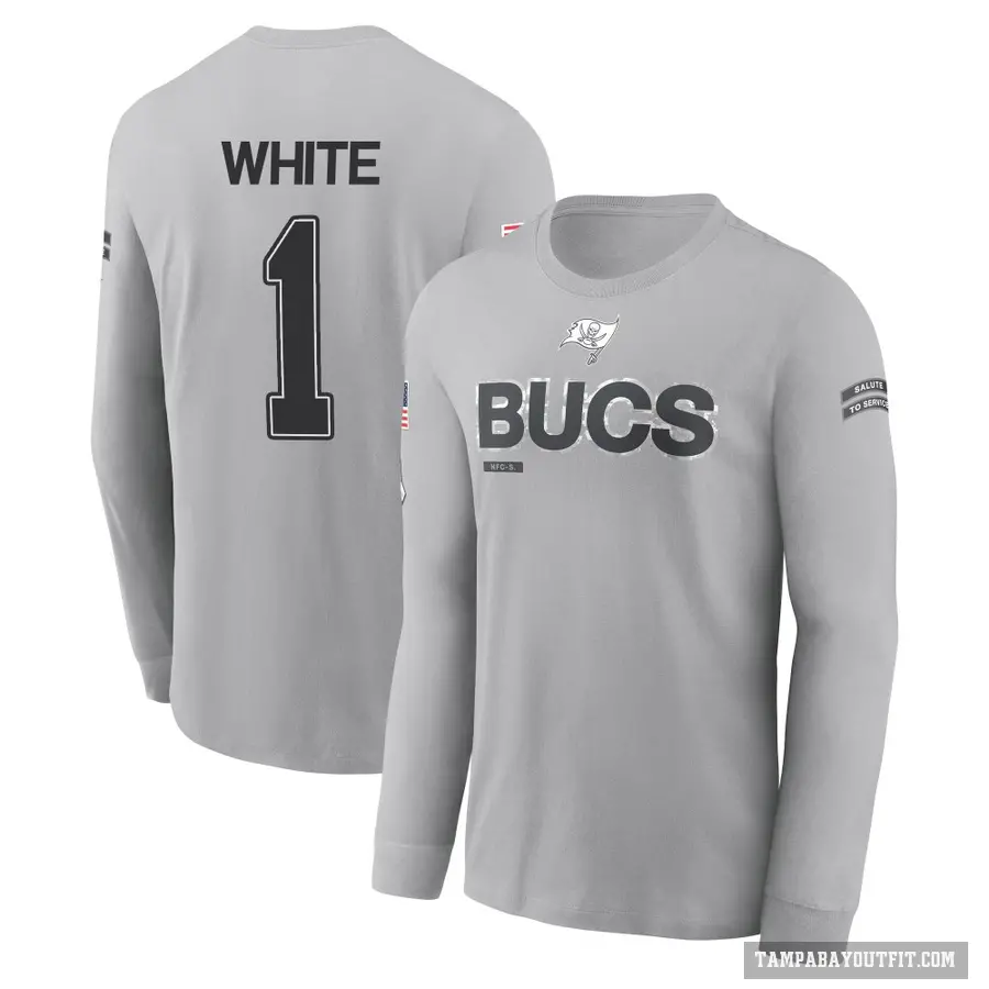 Men's ＃1 Rachaad White Tampa Bay Buccaneers White Gray 2024 Salute to Service Long Sleeve T-Shirt