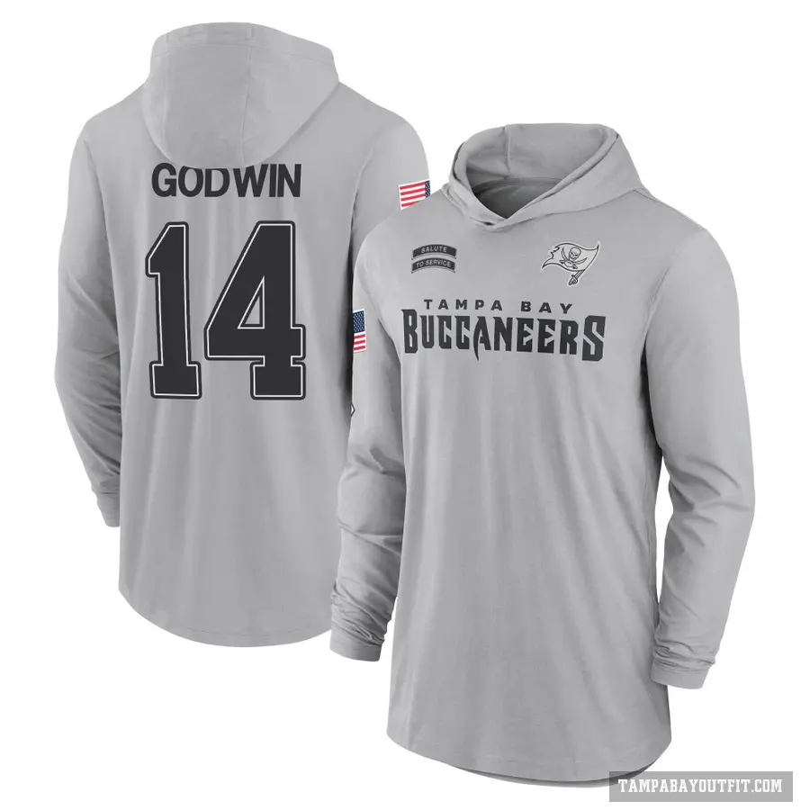 Men's ＃14 Chris Godwin Tampa Bay Buccaneers Gray 2024 Salute to Service Lightweight Performance Long Sleeve Hooded T-Shirt