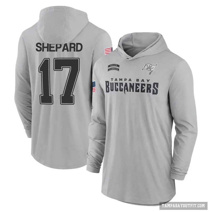 Men's ＃17 Sterling Shepard Tampa Bay Buccaneers Gray 2024 Salute to Service Lightweight Performance Long Sleeve Hooded T-Shirt