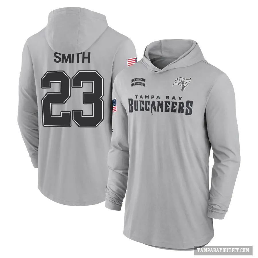 Men's ＃23 Tykee Smith Tampa Bay Buccaneers Gray 2024 Salute to Service Lightweight Performance Long Sleeve Hooded T-Shirt