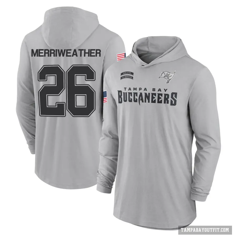 Men's ＃26 Kaevon Merriweather Tampa Bay Buccaneers Gray 2024 Salute to Service Lightweight Performance Long Sleeve Hooded T-Shir