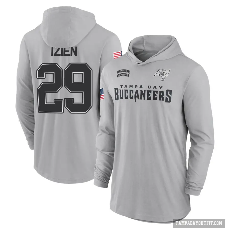 Men's ＃29 Christian Izien Tampa Bay Buccaneers Gray 2024 Salute to Service Lightweight Performance Long Sleeve Hooded T-Shirt