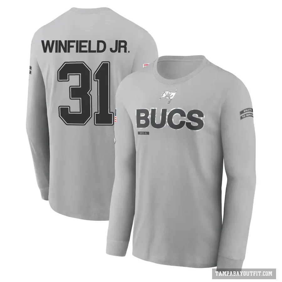Men's ＃31 Antoine Winfield Jr. Tampa Bay Buccaneers Gray 2024 Salute to Service Long Sleeve T-Shirt