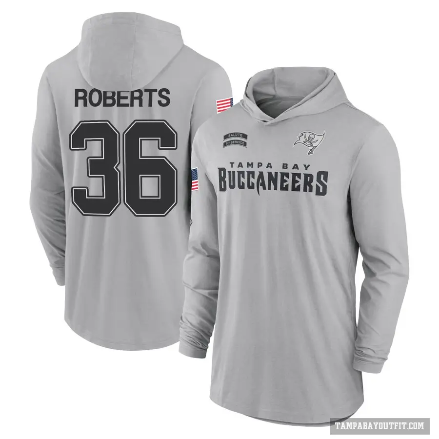 Men's ＃36 J.J. Roberts Tampa Bay Buccaneers Gray 2024 Salute to Service Lightweight Performance Long Sleeve Hooded T-Shirt