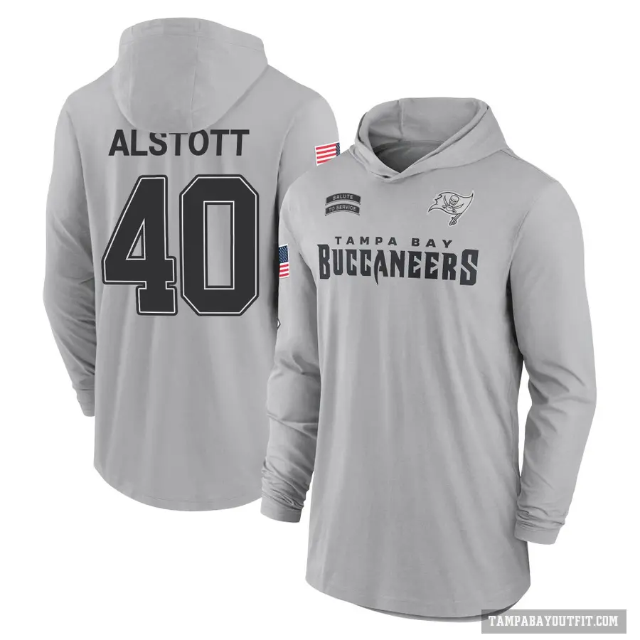 Men's ＃40 Mike Alstott Tampa Bay Buccaneers Gray 2024 Salute to Service Lightweight Performance Long Sleeve Hooded T-Shirt