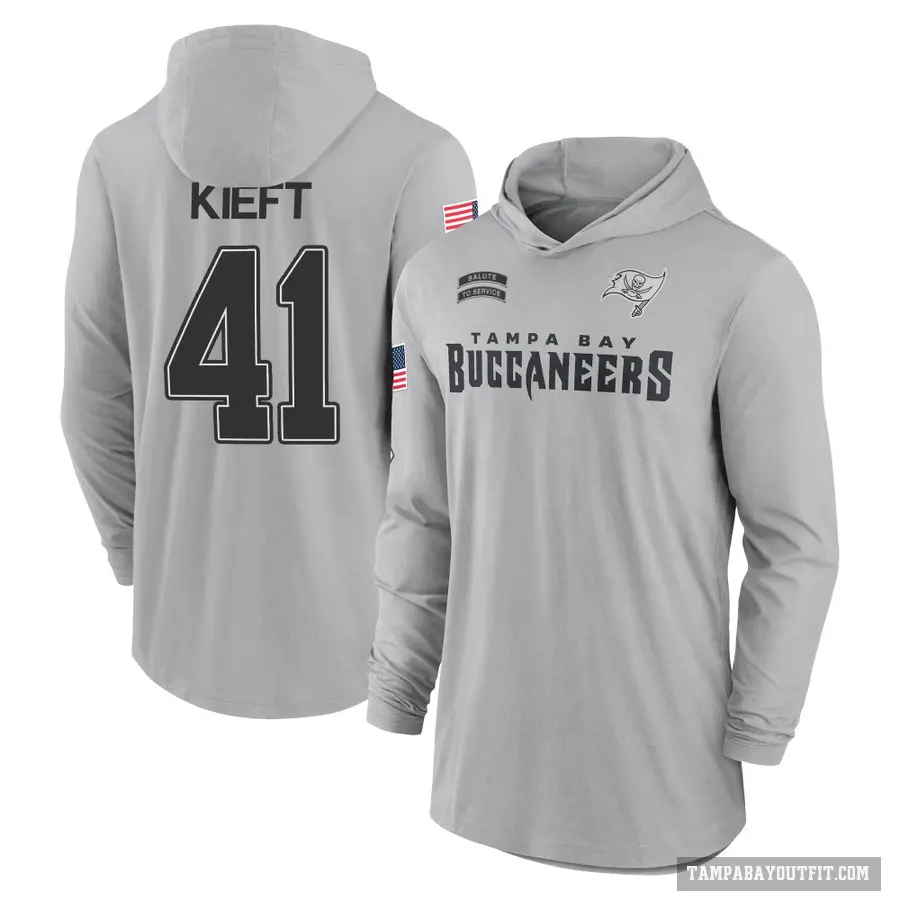 Men's ＃41 Ko Kieft Tampa Bay Buccaneers Gray 2024 Salute to Service Lightweight Performance Long Sleeve Hooded T-Shirt