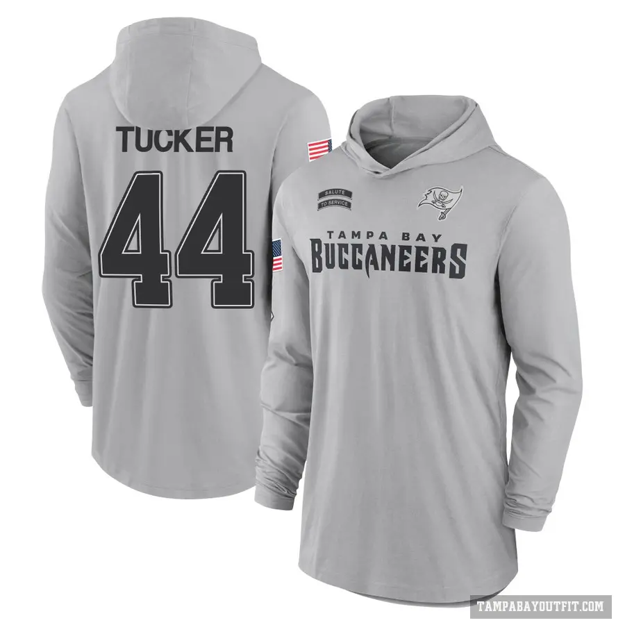 Men's ＃44 Sean Tucker Tampa Bay Buccaneers Gray 2024 Salute to Service Lightweight Performance Long Sleeve Hooded T-Shirt