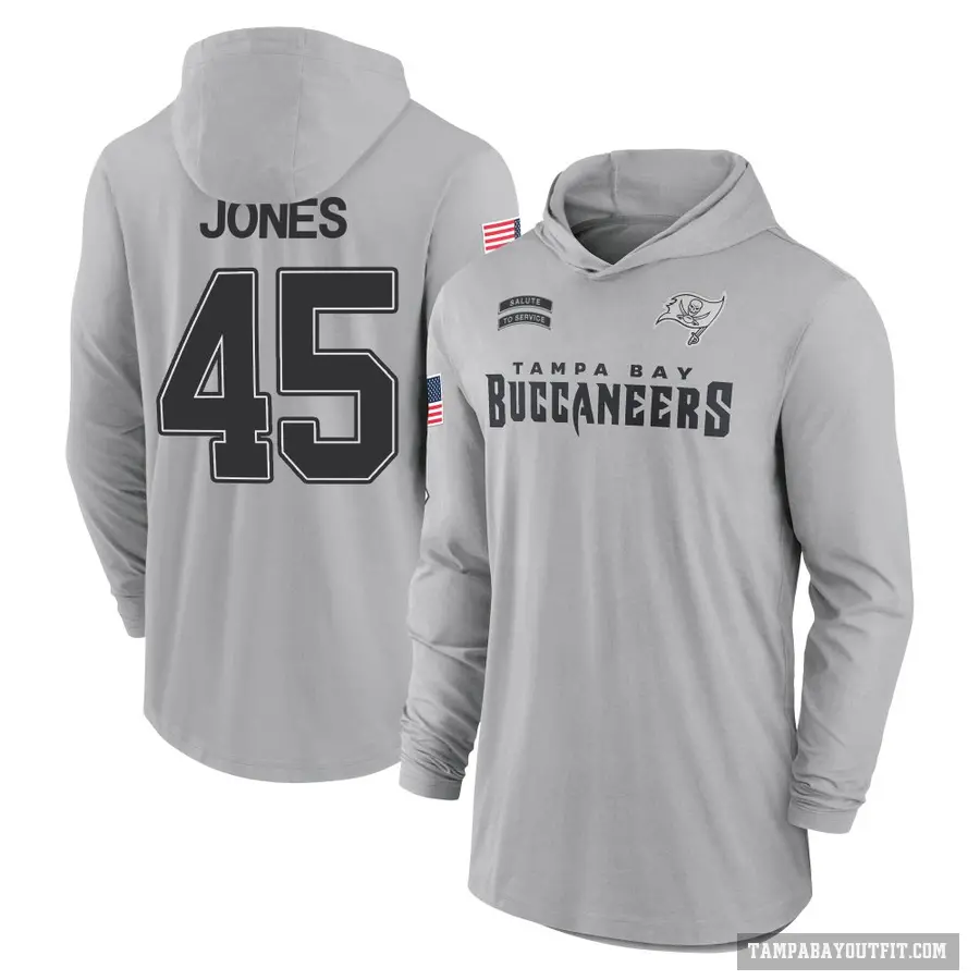 Men's ＃45 Deion Jones Tampa Bay Buccaneers Gray 2024 Salute to Service Lightweight Performance Long Sleeve Hooded T-Shirt