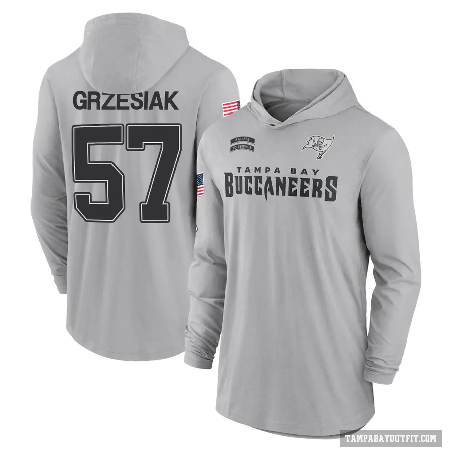 Men's ＃57 Daniel Grzesiak Tampa Bay Buccaneers Gray 2024 Salute to Service Lightweight Performance Long Sleeve Hooded T-Shirt