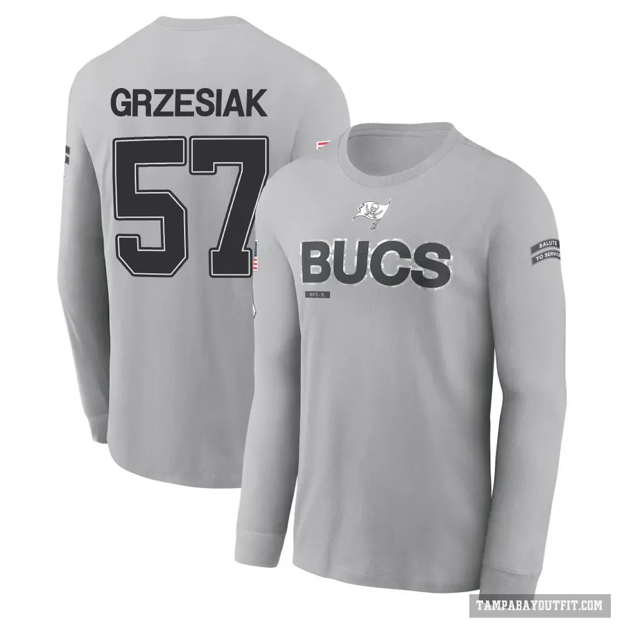 Men's ＃57 Daniel Grzesiak Tampa Bay Buccaneers Gray 2024 Salute to Service Long Sleeve T-Shirt
