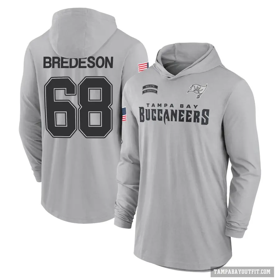 Men's ＃68 Ben Bredeson Tampa Bay Buccaneers Gray 2024 Salute to Service Lightweight Performance Long Sleeve Hooded T-Shirt