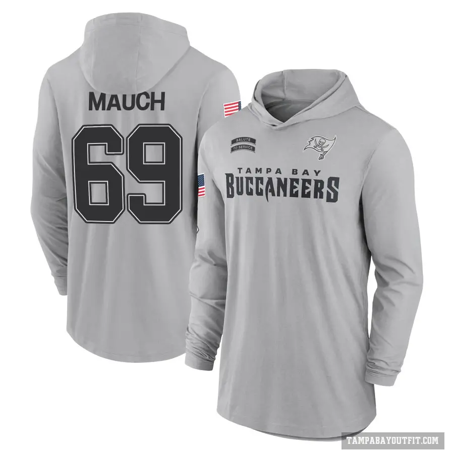 Men's ＃69 Cody Mauch Tampa Bay Buccaneers Gray 2024 Salute to Service Lightweight Performance Long Sleeve Hooded T-Shirt