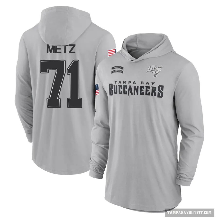 Men's ＃71 Lorenz Metz Tampa Bay Buccaneers Gray 2024 Salute to Service Lightweight Performance Long Sleeve Hooded T-Shirt