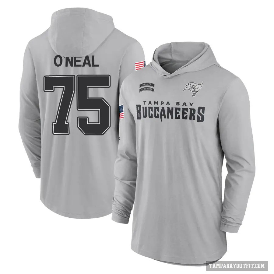 Men's ＃75 Raiqwon O'Neal Tampa Bay Buccaneers Gray 2024 Salute to Service Lightweight Performance Long Sleeve Hooded T-Shirt