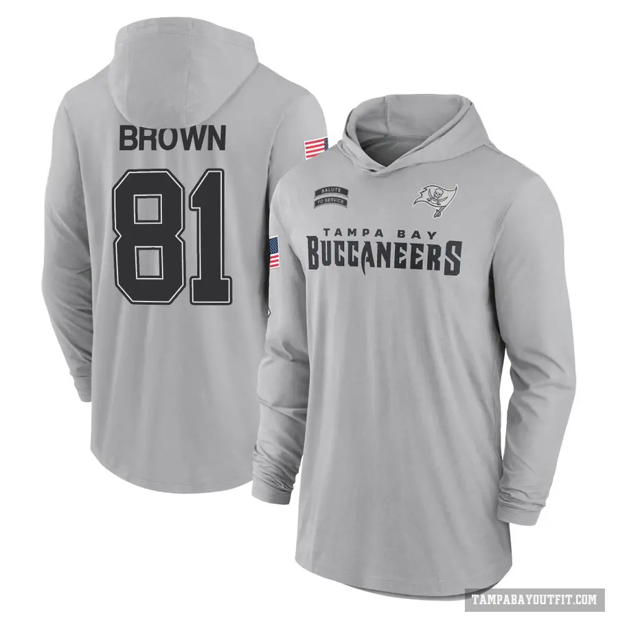 Men's ＃81 Antonio Brown Tampa Bay Buccaneers Brown Gray 2024 Salute to Service Lightweight Performance Long Sleeve Hooded T-Shir