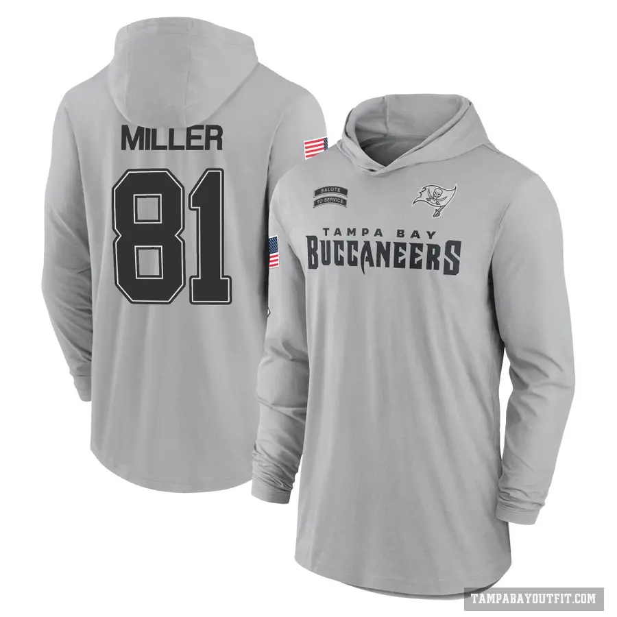 Men's ＃81 Ryan Miller Tampa Bay Buccaneers Gray 2024 Salute to Service Lightweight Performance Long Sleeve Hooded T-Shirt