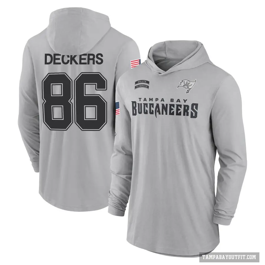 Men's ＃86 Evan Deckers Tampa Bay Buccaneers Gray 2024 Salute to Service Lightweight Performance Long Sleeve Hooded T-Shirt