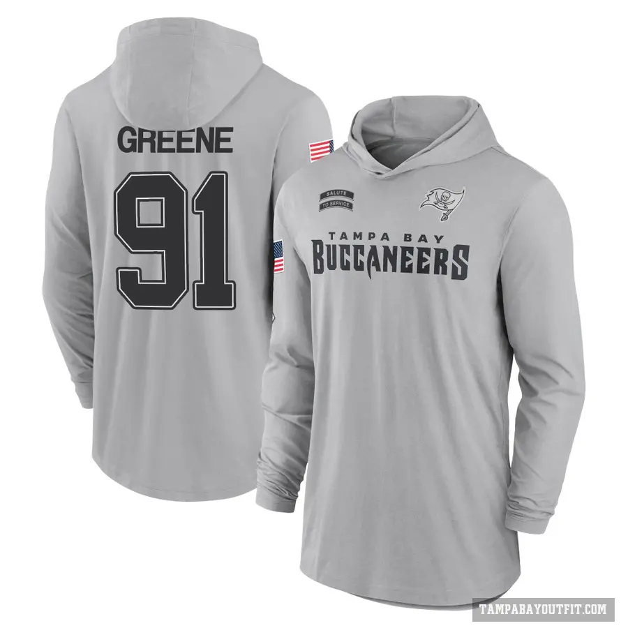 Men's ＃91 Mike Greene Tampa Bay Buccaneers Green Gray 2024 Salute to Service Lightweight Performance Long Sleeve Hooded T-Shirt