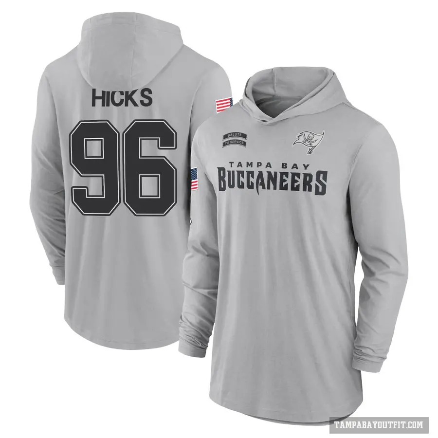 Men's ＃96 Akiem Hicks Tampa Bay Buccaneers Gray 2024 Salute to Service Lightweight Performance Long Sleeve Hooded T-Shirt