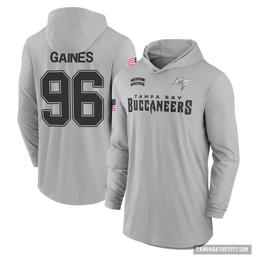 Men's ＃96 Greg Gaines Tampa Bay Buccaneers Gray 2024 Salute to Service Lightweight Performance Long Sleeve Hooded T-Shirt