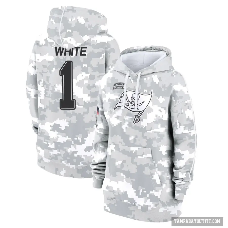 Women's ＃1 Rachaad White Tampa Bay Buccaneers Arctic Camo 2024 Salute to Service Club Fleece Pullover Hoodie