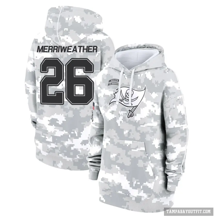 Women's ＃26 Kaevon Merriweather Tampa Bay Buccaneers Arctic Camo 2024 Salute to Service Club Fleece Pullover Hoodie