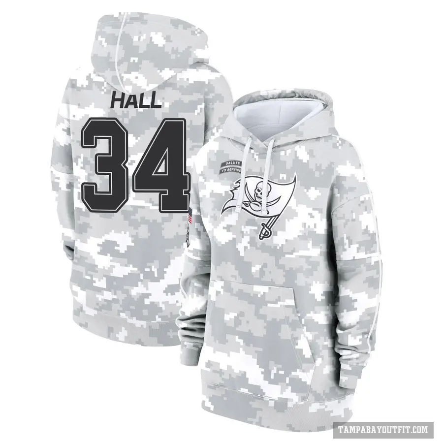 Women's ＃34 Bryce Hall Tampa Bay Buccaneers Arctic Camo 2024 Salute to Service Club Fleece Pullover Hoodie