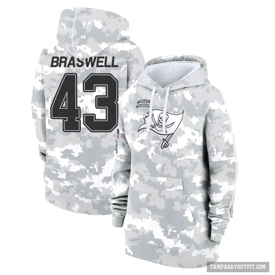 Women's ＃43 Chris Braswell Tampa Bay Buccaneers Arctic Camo 2024 Salute to Service Club Fleece Pullover Hoodie