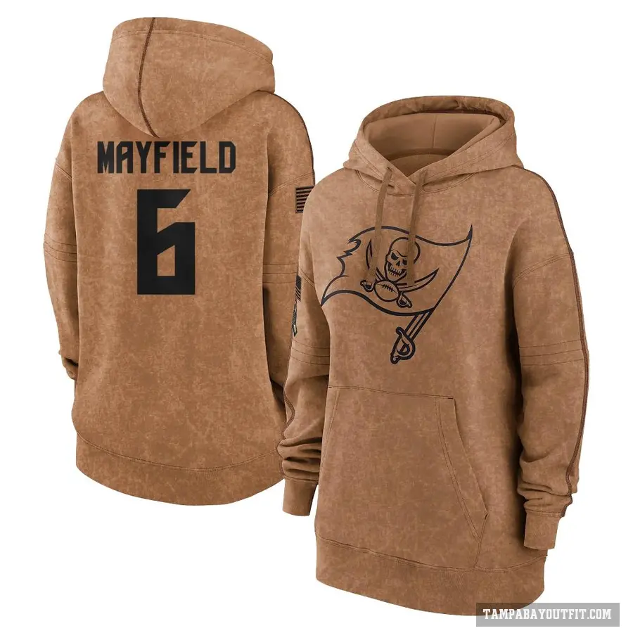 Women's ＃6 Baker Mayfield Tampa Bay Buccaneers Brown 2023 Salute To Service Pullover Hoodie