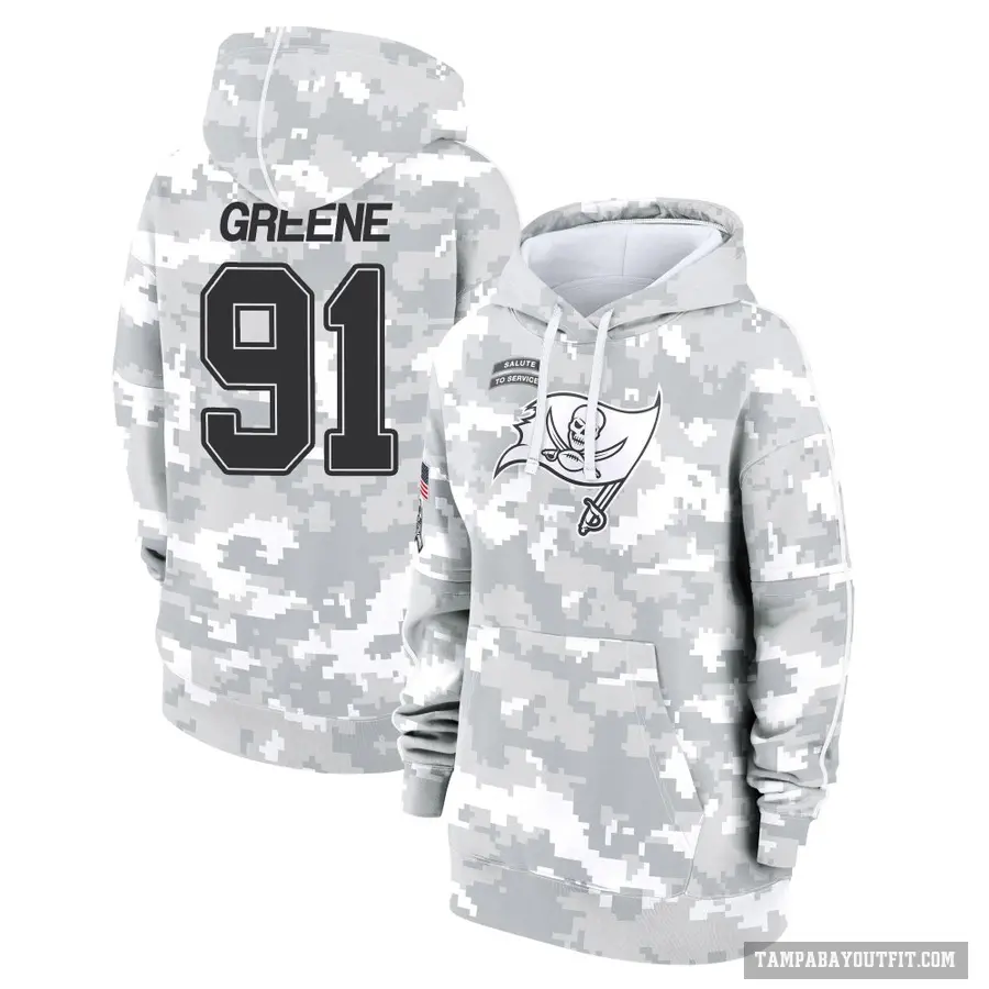 Women's ＃91 Mike Greene Tampa Bay Buccaneers Arctic Camo 2024 Salute to Service Club Fleece Pullover Hoodie