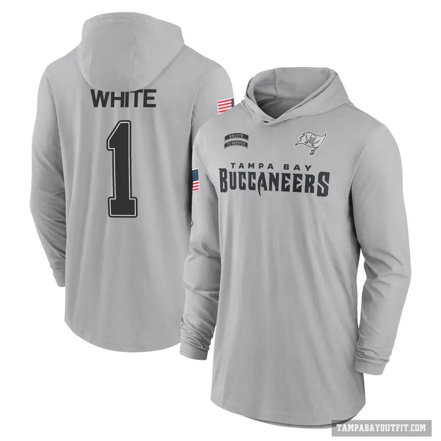 Youth ＃1 Rachaad White Tampa Bay Buccaneers White Gray 2024 Salute to Service Lightweight Performance Long Sleeve Hooded T-Shirt
