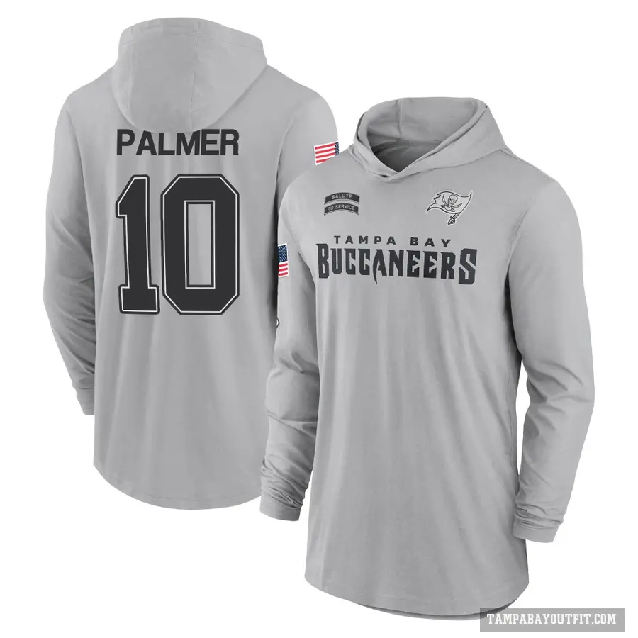 Youth ＃10 Trey Palmer Tampa Bay Buccaneers Gray 2024 Salute to Service Lightweight Performance Long Sleeve Hooded T-Shirt
