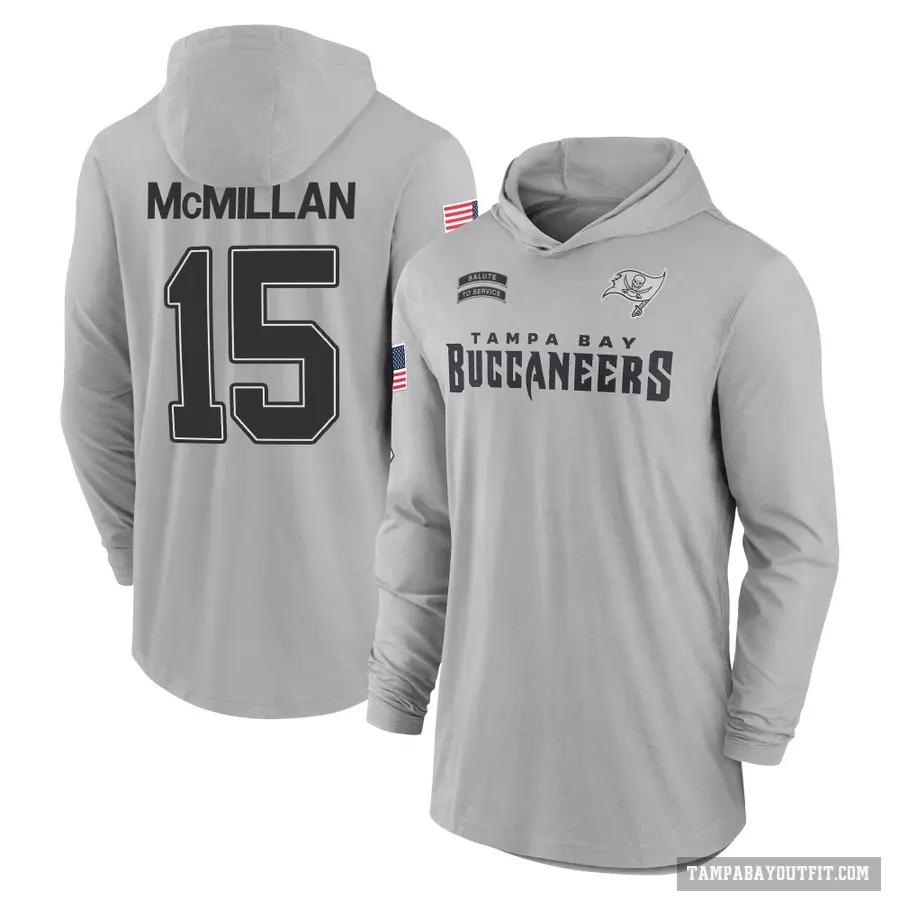 Youth ＃15 Jalen McMillan Tampa Bay Buccaneers Gray 2024 Salute to Service Lightweight Performance Long Sleeve Hooded T-Shirt