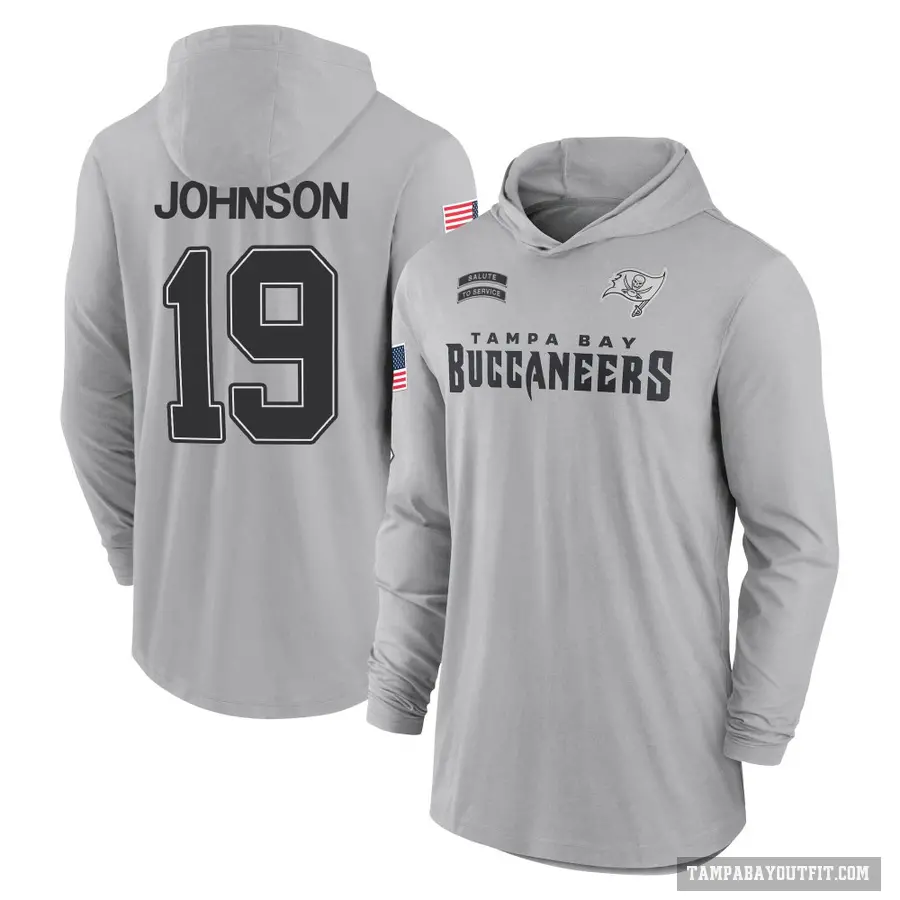 Youth ＃19 Kameron Johnson Tampa Bay Buccaneers Gray 2024 Salute to Service Lightweight Performance Long Sleeve Hooded T-Shirt