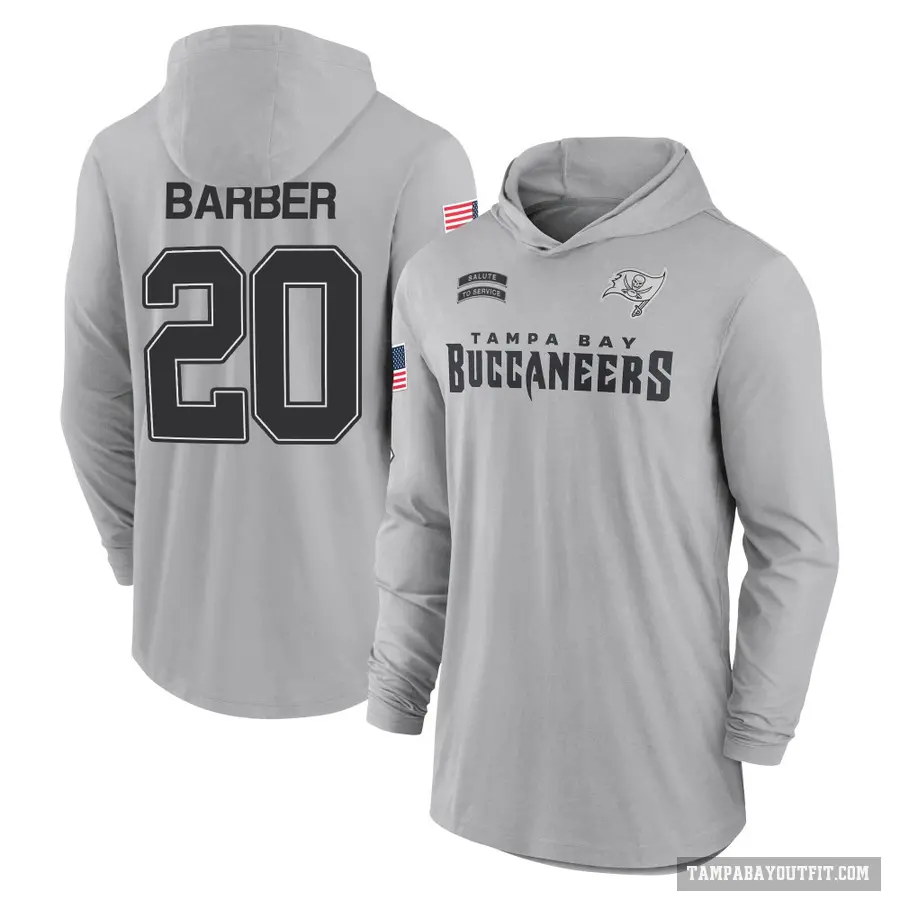Youth ＃20 Ronde Barber Tampa Bay Buccaneers Gray 2024 Salute to Service Lightweight Performance Long Sleeve Hooded T-Shirt