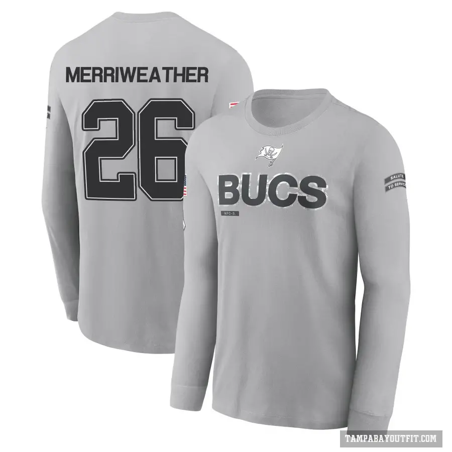 Youth ＃26 Kaevon Merriweather Tampa Bay Buccaneers Gray 2024 Salute to Service Long Sleeve T-Shirt