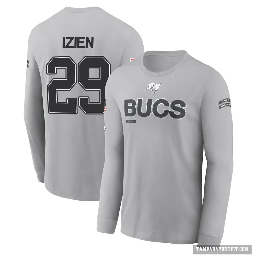 Youth ＃29 Christian Izien Tampa Bay Buccaneers Gray 2024 Salute to Service Long Sleeve T-Shirt