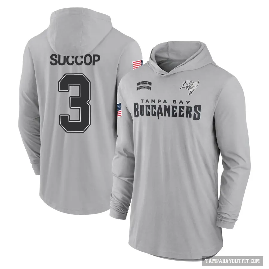 Youth ＃3 Ryan Succop Tampa Bay Buccaneers Gray 2024 Salute to Service Lightweight Performance Long Sleeve Hooded T-Shirt