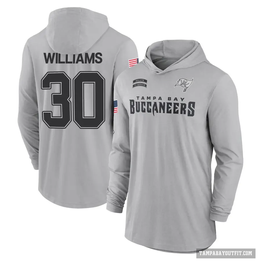 Youth ＃30 D.J. Williams Tampa Bay Buccaneers Gray 2024 Salute to Service Lightweight Performance Long Sleeve Hooded T-Shirt