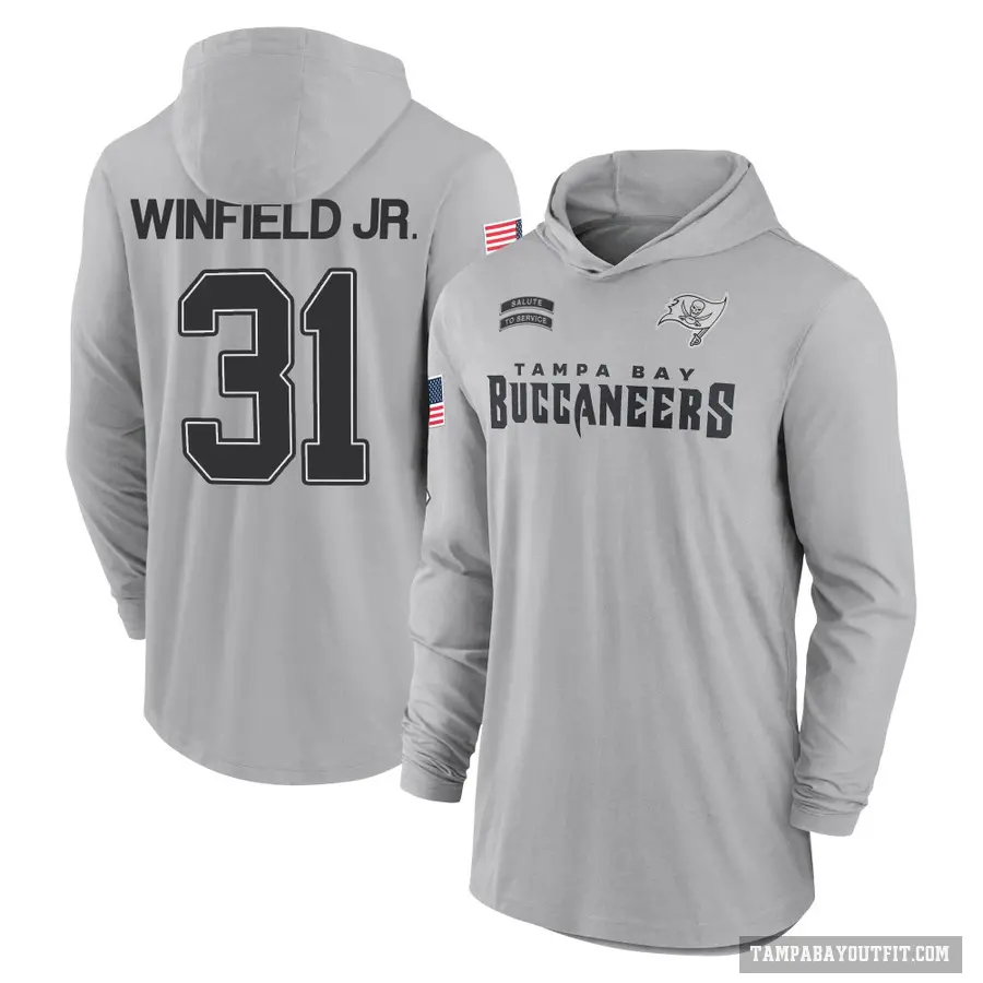 Youth ＃31 Antoine Winfield Jr. Tampa Bay Buccaneers Gray 2024 Salute to Service Lightweight Performance Long Sleeve Hooded T-Shi