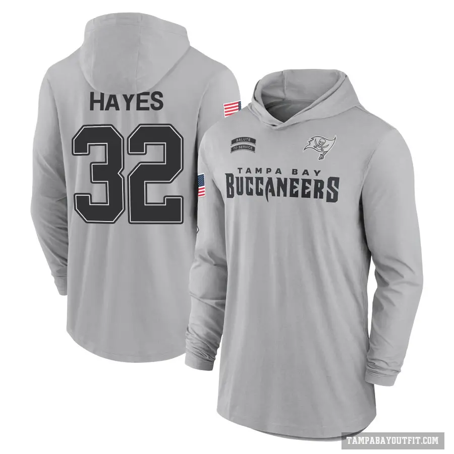 Youth ＃32 Josh Hayes Tampa Bay Buccaneers Gray 2024 Salute to Service Lightweight Performance Long Sleeve Hooded T-Shirt