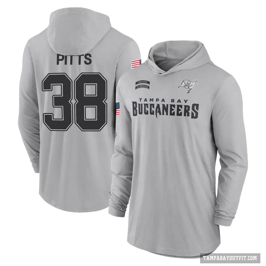 Youth ＃38 Derrek Pitts Tampa Bay Buccaneers Gray 2024 Salute to Service Lightweight Performance Long Sleeve Hooded T-Shirt