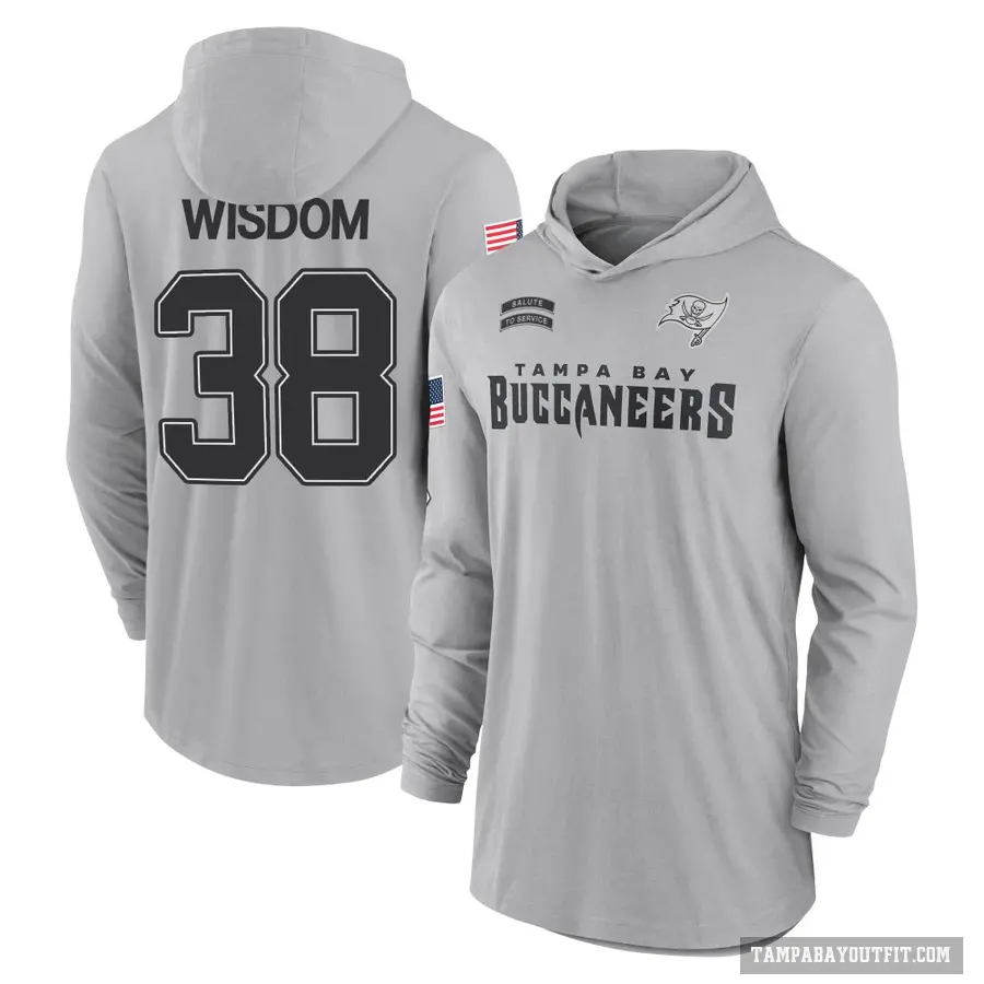 Youth ＃38 Rashad Wisdom Tampa Bay Buccaneers Gray 2024 Salute to Service Lightweight Performance Long Sleeve Hooded T-Shirt