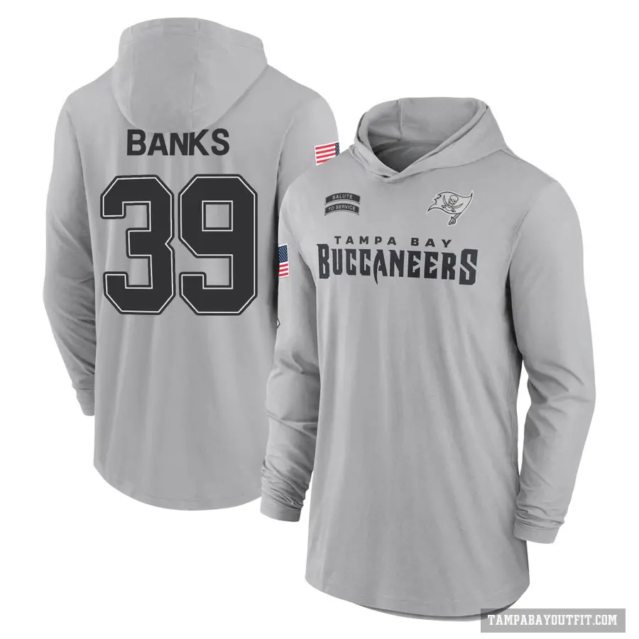 Youth ＃39 Marcus Banks Tampa Bay Buccaneers Gray 2024 Salute to Service Lightweight Performance Long Sleeve Hooded T-Shirt