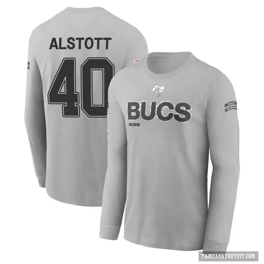 Youth ＃40 Mike Alstott Tampa Bay Buccaneers Gray 2024 Salute to Service Long Sleeve T-Shirt
