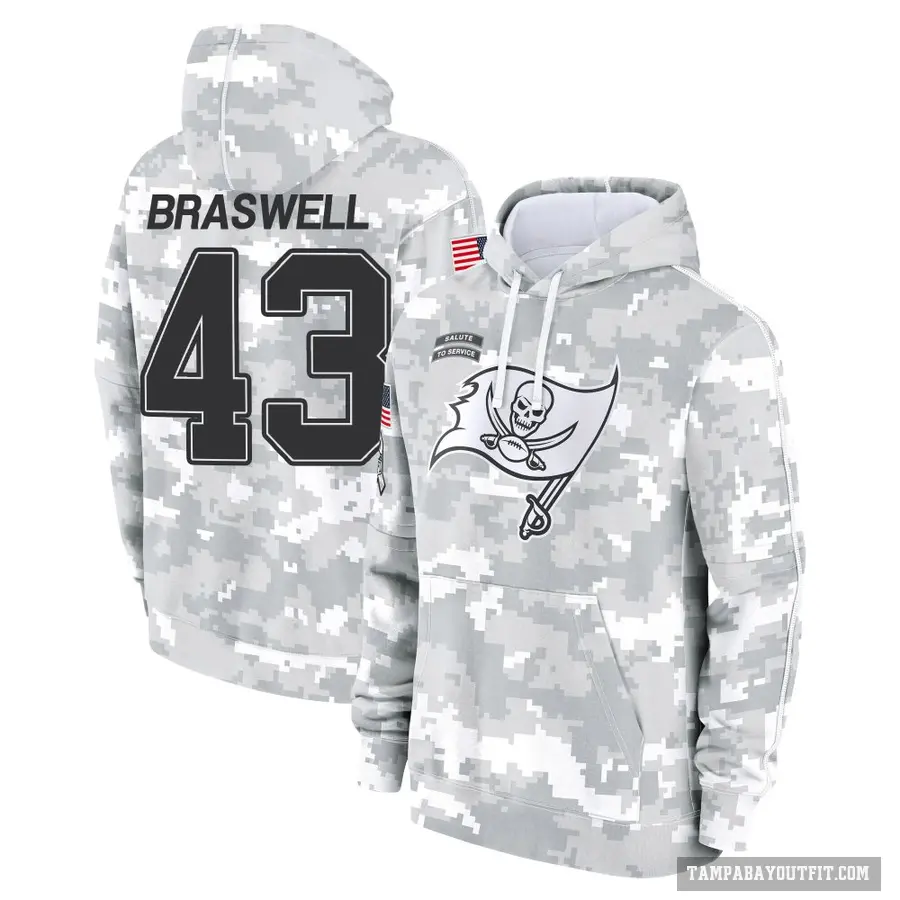 Youth ＃43 Chris Braswell Tampa Bay Buccaneers Arctic Camo 2024 Salute to Service Club Fleece Pullover Hoodie