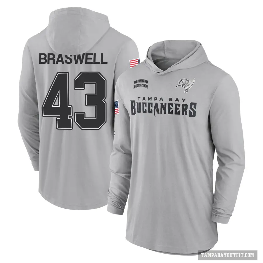Youth ＃43 Chris Braswell Tampa Bay Buccaneers Gray 2024 Salute to Service Lightweight Performance Long Sleeve Hooded T-Shirt